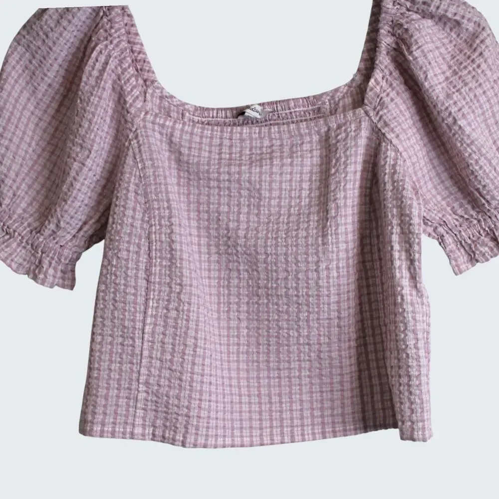 MADEWELL Seersucker Hopewell Puff-Sleeve Crop Top Womens Plaid Mauve Blouse XS